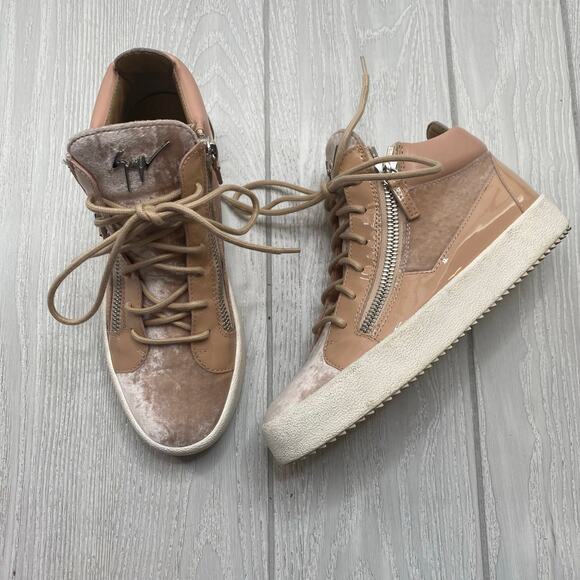 Giuseppe Zanotti Blush Pink Velvet Leather Dual Zip High Top Sneakers Sz 8 $750 - Picture 1 of 12